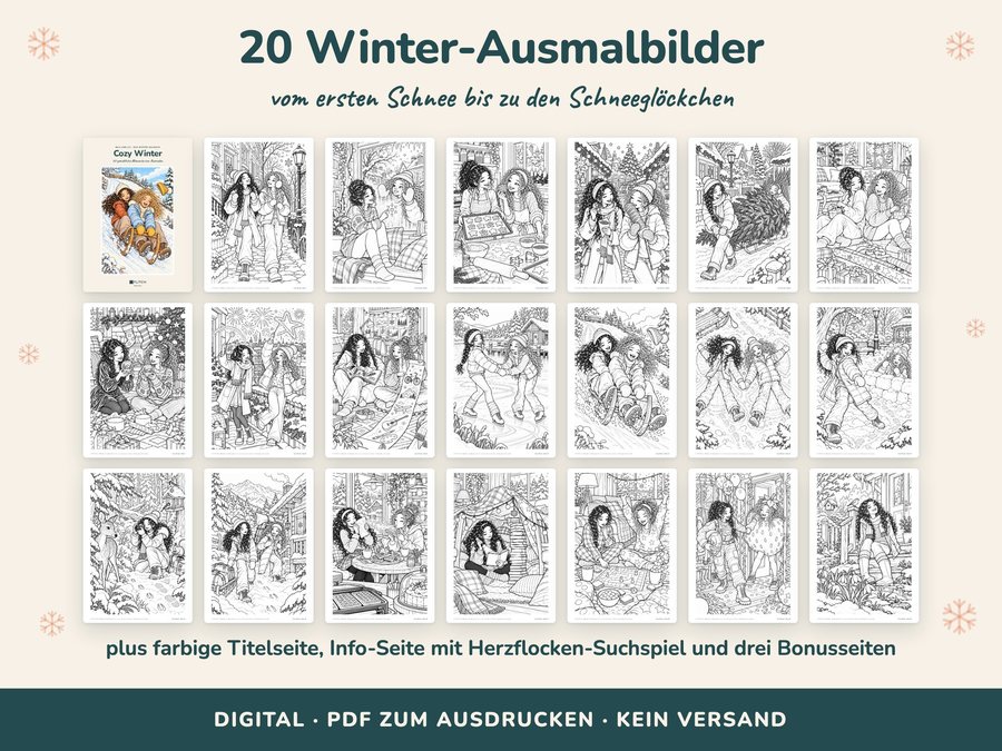 Alle 20 Seiten des Cozy Malbuchs Winter